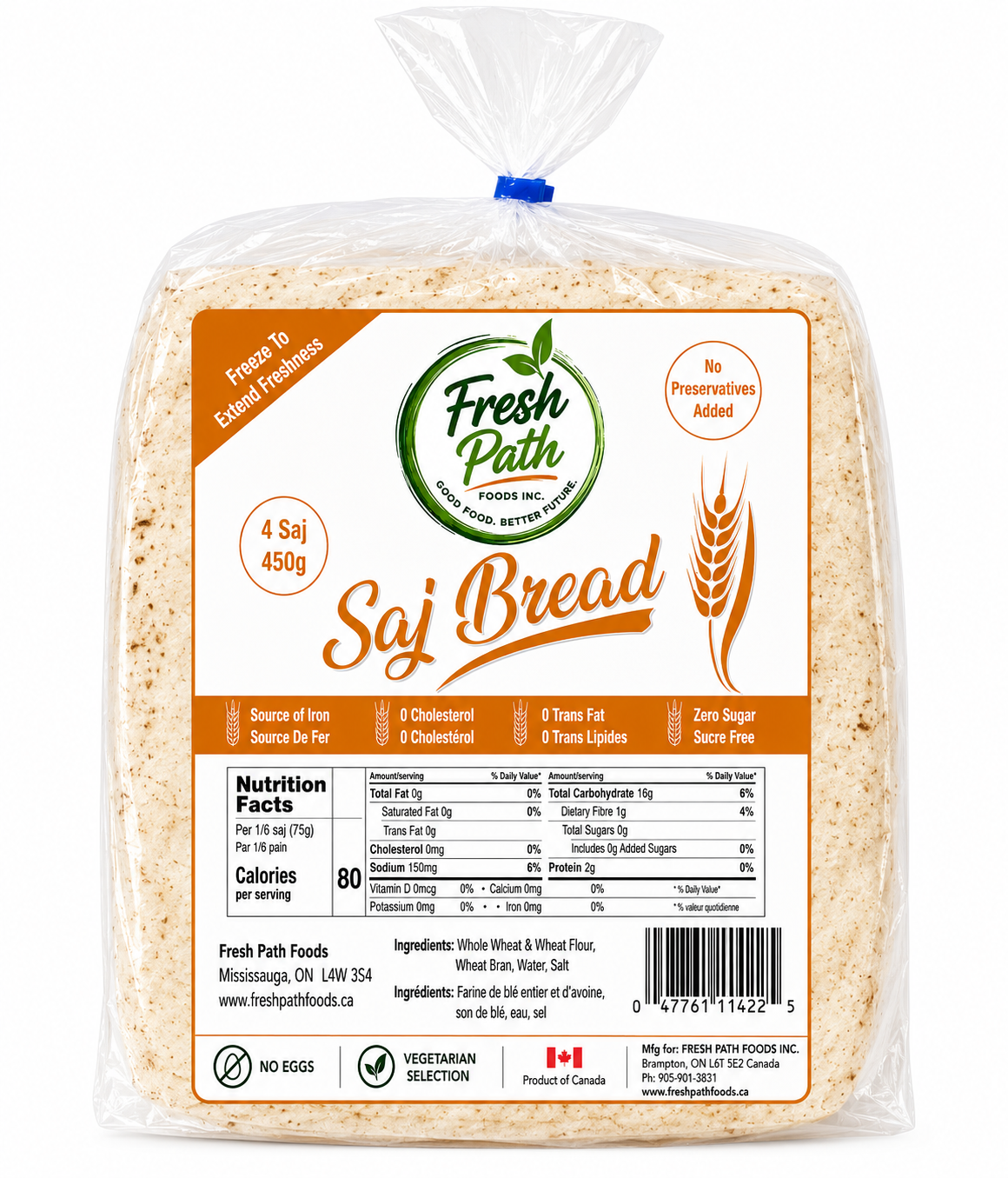 Fresh Path Saj Bread – Whole Wheat Flatbread, 4 Pack, 450g